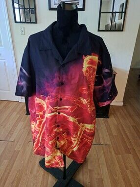 3XL Buffalo Outdoors Fiery Biker Skeleton Short Sleeve Button Front Shirt Casual